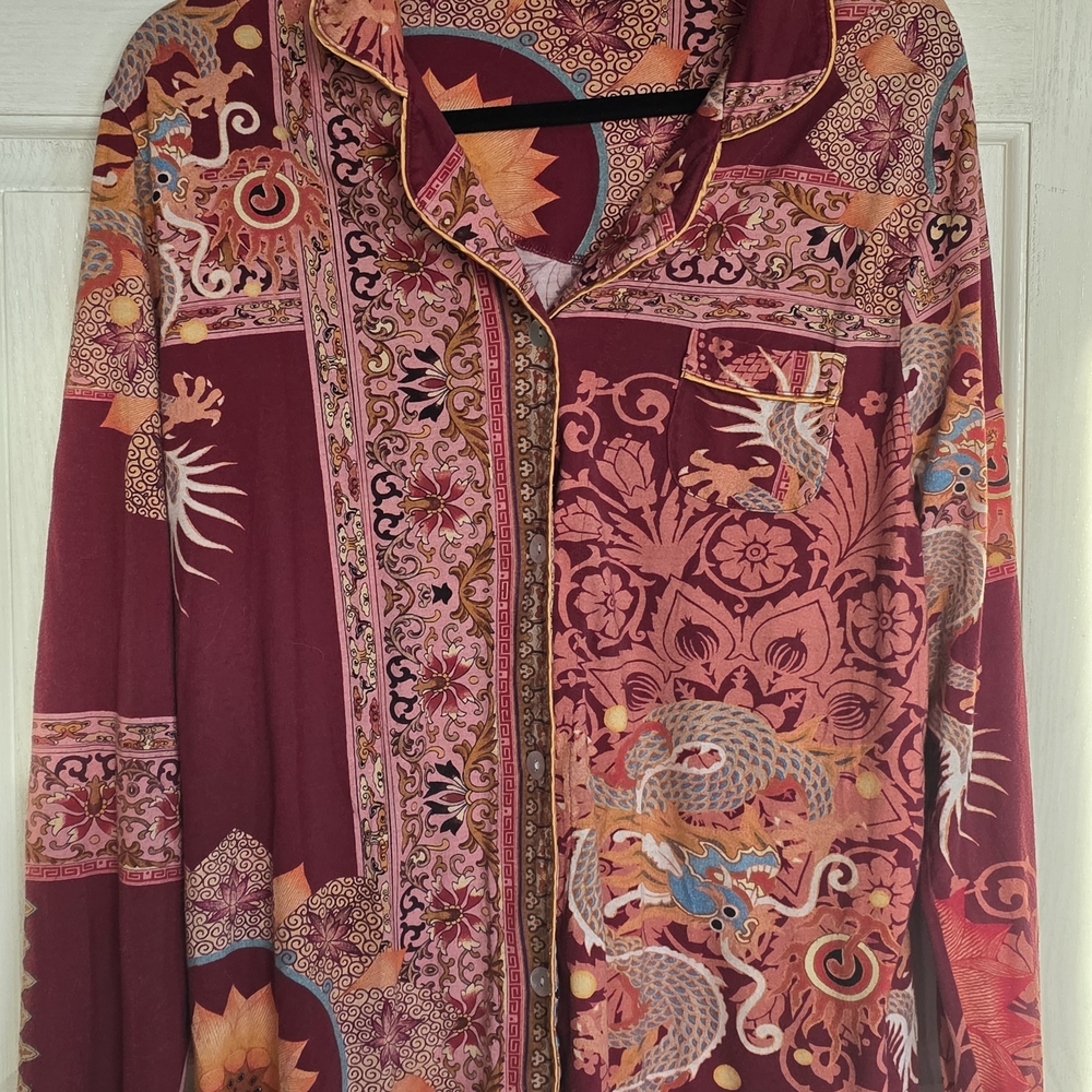 Johnny Was Burgundy and Pink Patterned Pajama Top